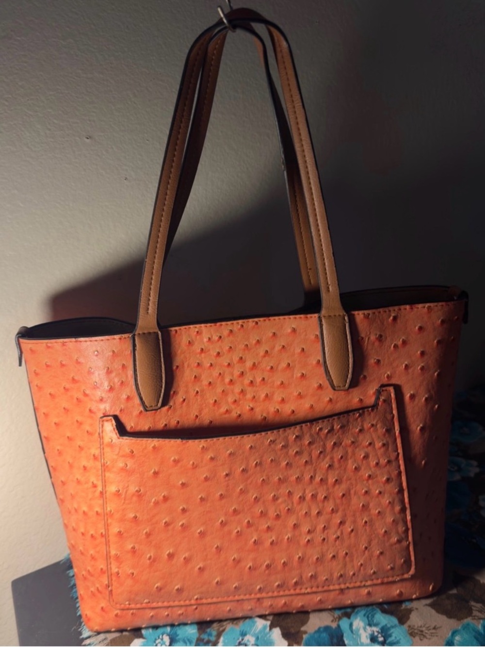 Orangey Pebbled Tote with Tan Shoulder Straps - Women’s Everyday Bag
